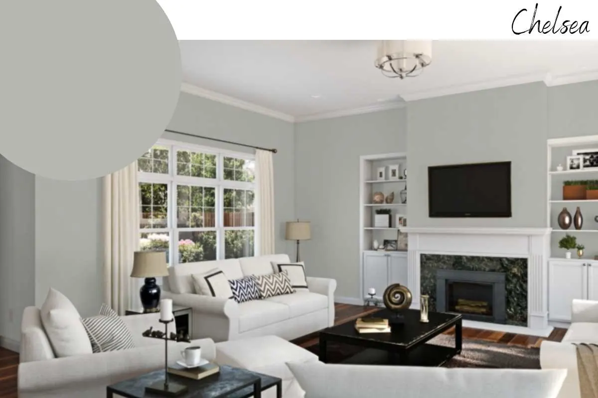 A living room painted in Chelsea Gray SW 2850, the coolest toned gray on this list