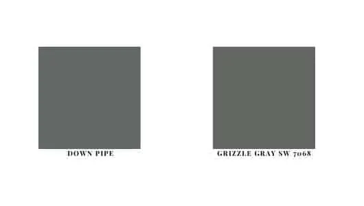 Farrow and Ball Down Pipe next to Sherwin Williams Grizzle Gray SW 7068 as paint swatches