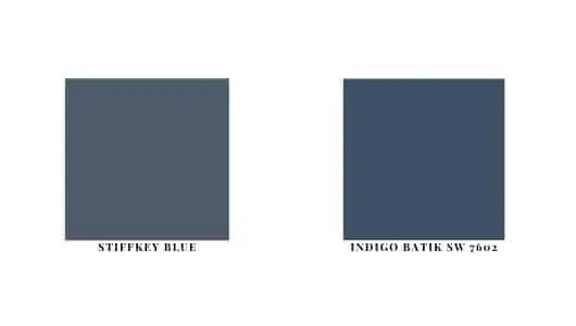 Farrow and Ball Stiffkey Blue next to Sherwin Williams Indigo Batik SW 7602 as paint swatches