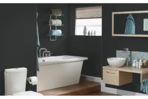 A bathroom visualised with a deep green-black wall color
